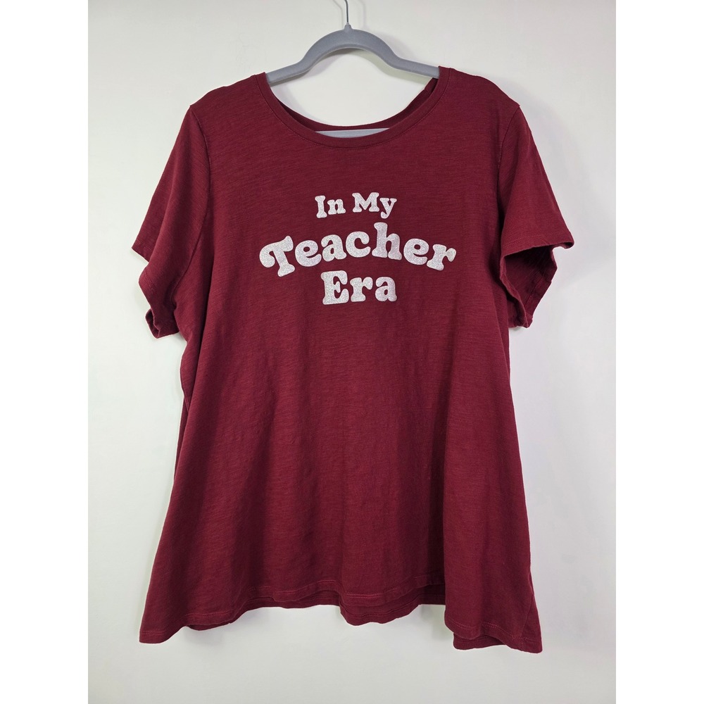 Lane Bryant In My Teacher Era Short Sleeve Shirt Maroon Silver Size 26/28